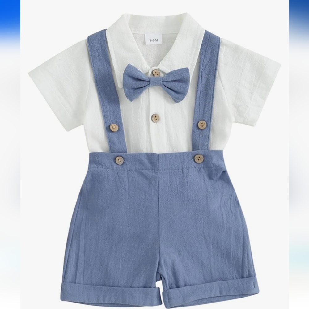 🕴EUC 12-18m Baby Boy Gentleman Outfit Onesie Suspender Shorts Overalls